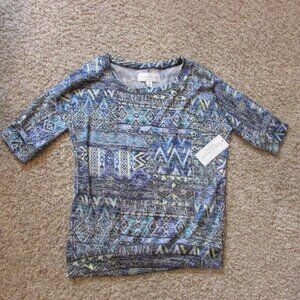NWT French Laundry Small Black Blue Yellow Aztec Longer Tail Shirt Nice Stretch